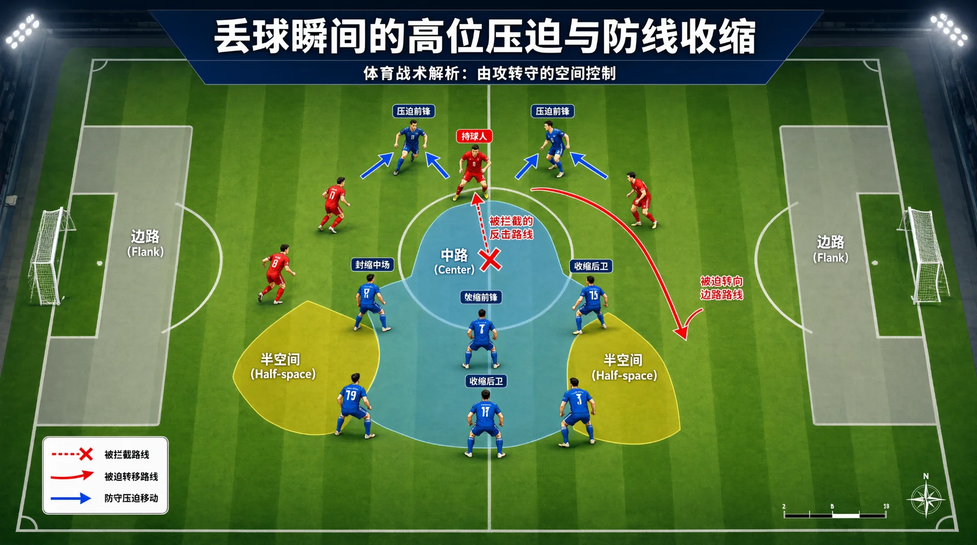 俯视足球战术图：红衣持球人遭蓝衣球员压迫，蓝队防线收缩中路与半空间；带叉红虚线箭头示中路传球被拦截，红弯箭头指向边路，蓝箭头示防守移动。