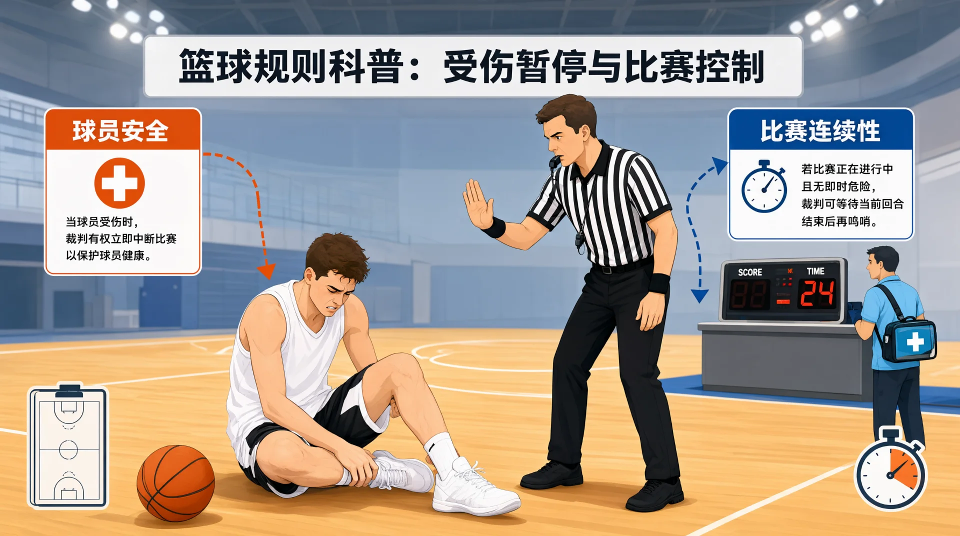 篮球规则科普插图：白衣球员坐在地板上扶腿，身旁有篮球；条纹衫裁判举手示意；记录台旁站着背急救包的人员，箭头标注"球员安全"与"比赛连续性"。