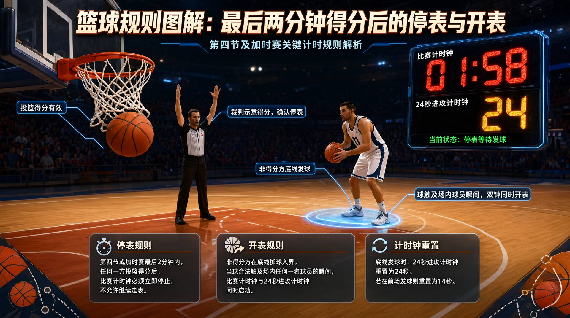 篮球规则示意图：篮球穿过篮网，裁判举臂示意得分，球员底线持球准备发球；计时器显示01:58和24秒计时24，标注停表等待发球；底部有停表、开表、计时钟重置说明框。