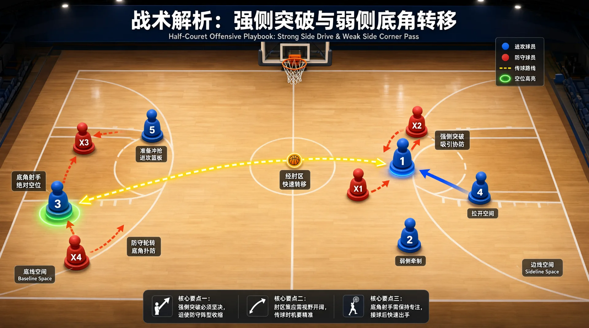 半场篮球战术图：蓝红棋子代表攻守双方，黄色虚线传球路线自强侧持球蓝棋经肘区转移至弱侧底角被绿圈高亮的蓝棋，红色虚线箭头表示防守轮转，右上附图例。